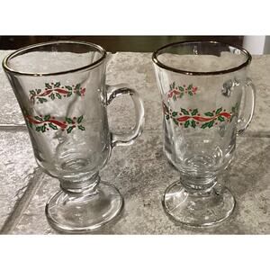 2 ~ Vintage Libbey Irish Coffee Mugs ~ Christmas Holly Berry Ribbon ~ Gold Band